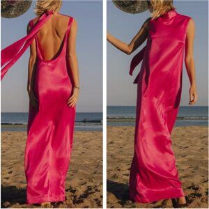 NEW DAILY DRILLS Silky Maxi Dress Gown with Neck Tie Hot Pink Party Cocktail